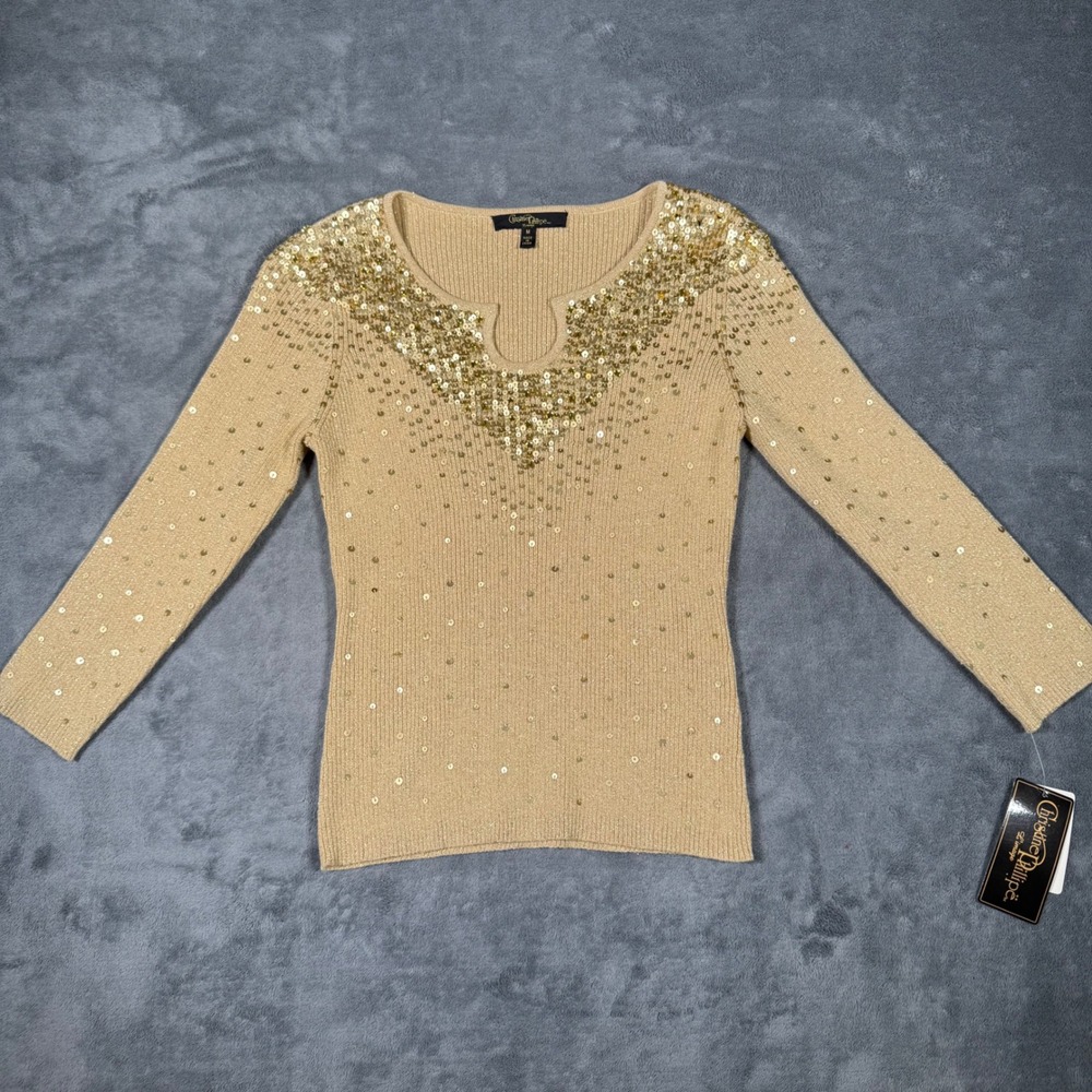 Christine Phillipe L'image Gold Sequin Keyhole Ribbed Knit Sweater Medium